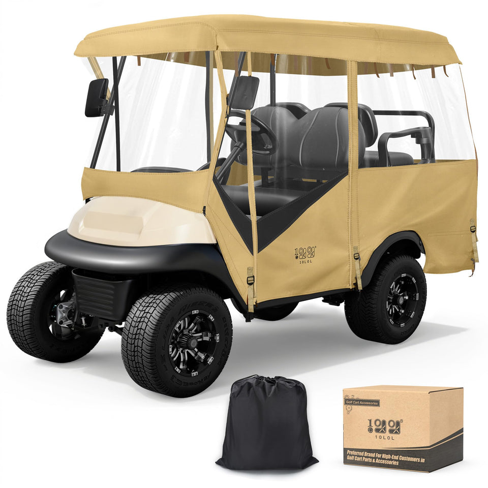 10L0L golf cart enclosure with 86-inch extended roof protects a four-seat cart for all weather.