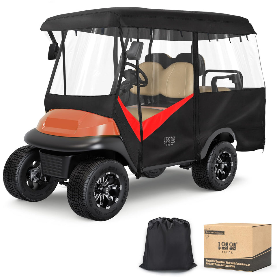 10L0L golf cart enclosure with 86-inch roof shields riders from rain and wind.