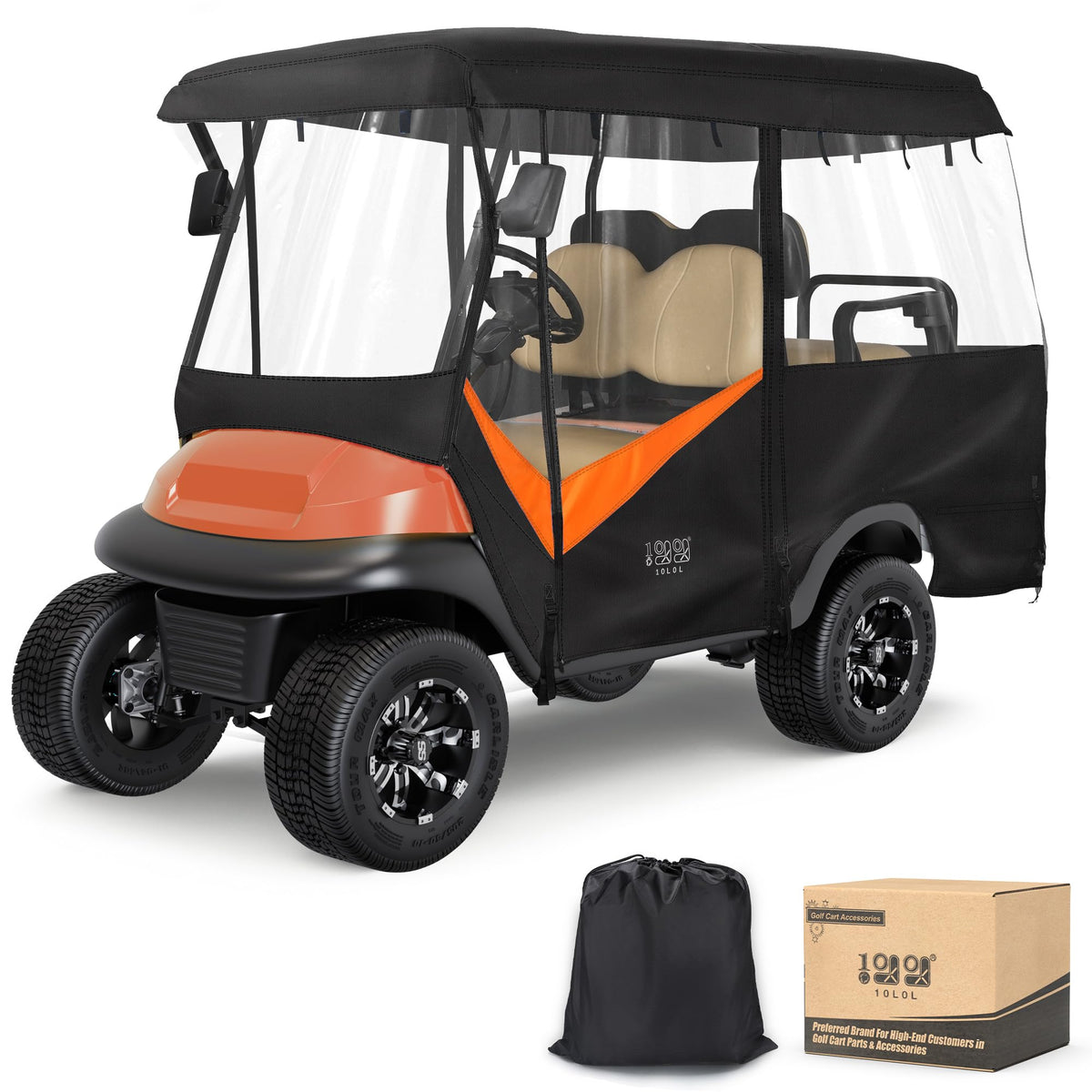 10L0L golf cart enclosure with 86-inch roof for four-passenger comfort and weather protection.