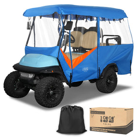 10L0L golf cart enclosure with extended roof shields four passengers from rain