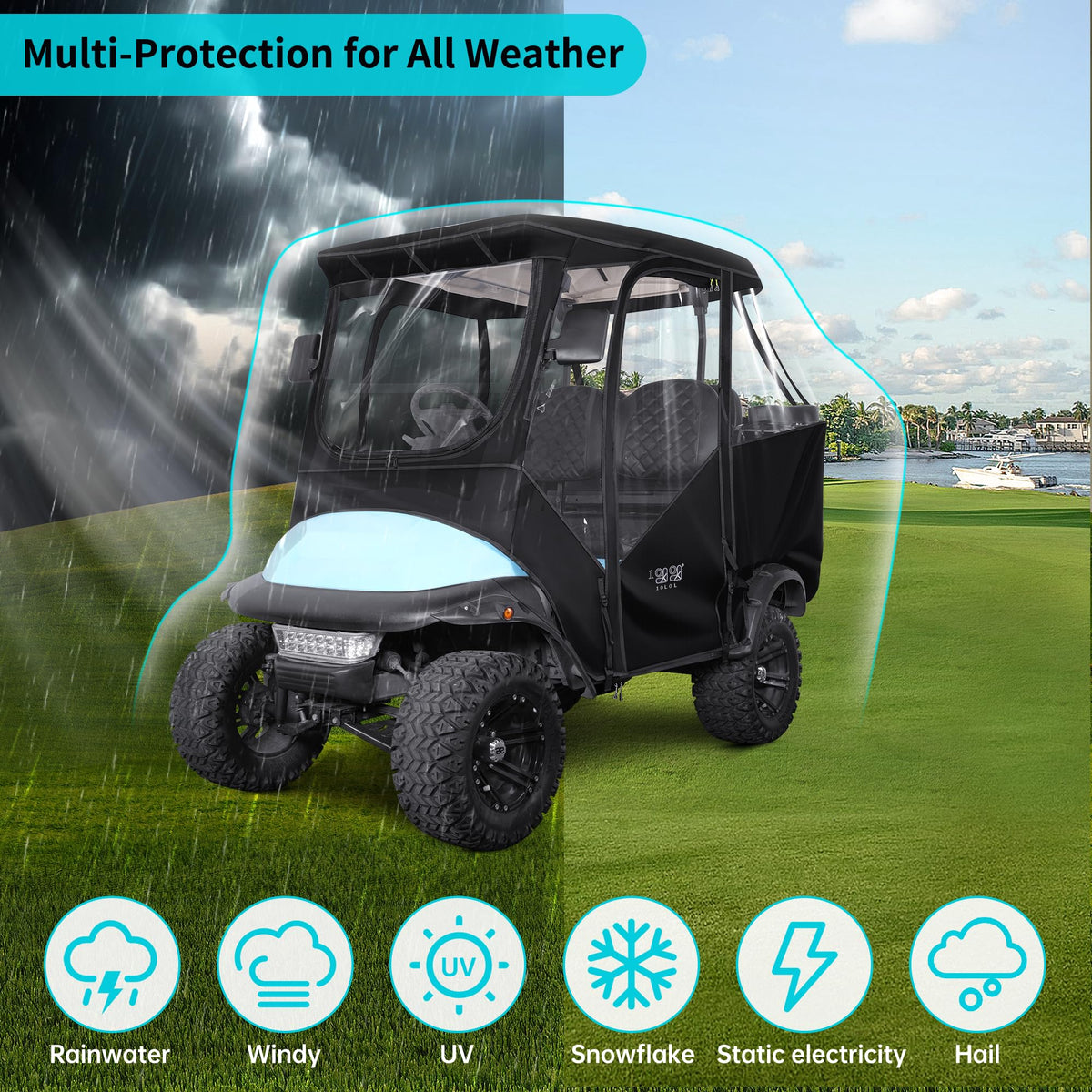 10L0L Golf Cart Enclosure clear windshield maintains visibility in rain