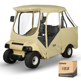 10L0L golf cart enclosure on Club Car DS 2+2 with short roof for year-round protection.