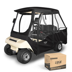 10L0L golf cart enclosure on Club Car DS 2+2 short roof showing all-weather protection