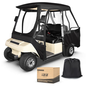 10L0L golf cart enclosure for Club Car DS 4P, front view shows weather protection.