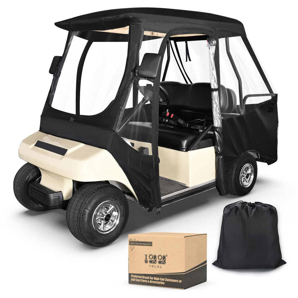10L0L golf cart enclosure for Club Car DS 4P, front view shows weather protection.