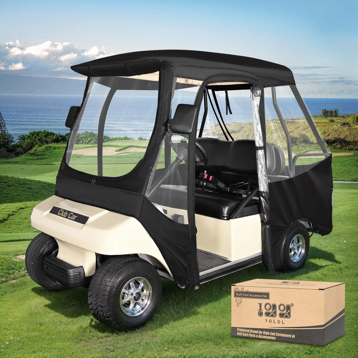 10L0L golf cart enclosure on Club Car DS 4p with 56-inch roof protects from rain and dust