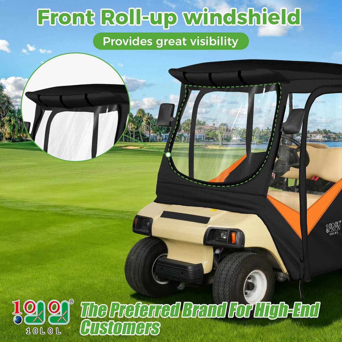 10L0L golf cart enclosure for Club Car DS, 56-inch roof, front view, rainproof shelter.
