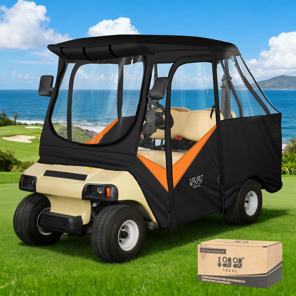 10L0L golf cart enclosure for Club Car DS, side view, all-weather protection.