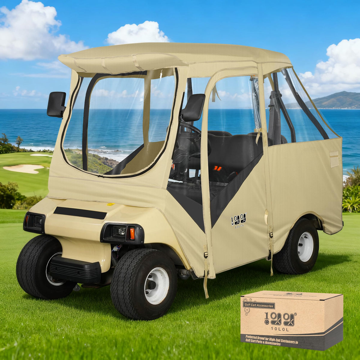 10L0L golf cart enclosure on Club Car DS front view with 56-inch roof protects against rain