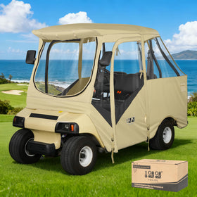 10L0L golf cart enclosure on Club Car DS front view with 56-inch roof protects against rain