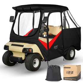 10L0L golf cart enclosure for Club Car DS front view showing 4-passenger setup and clear visibility
