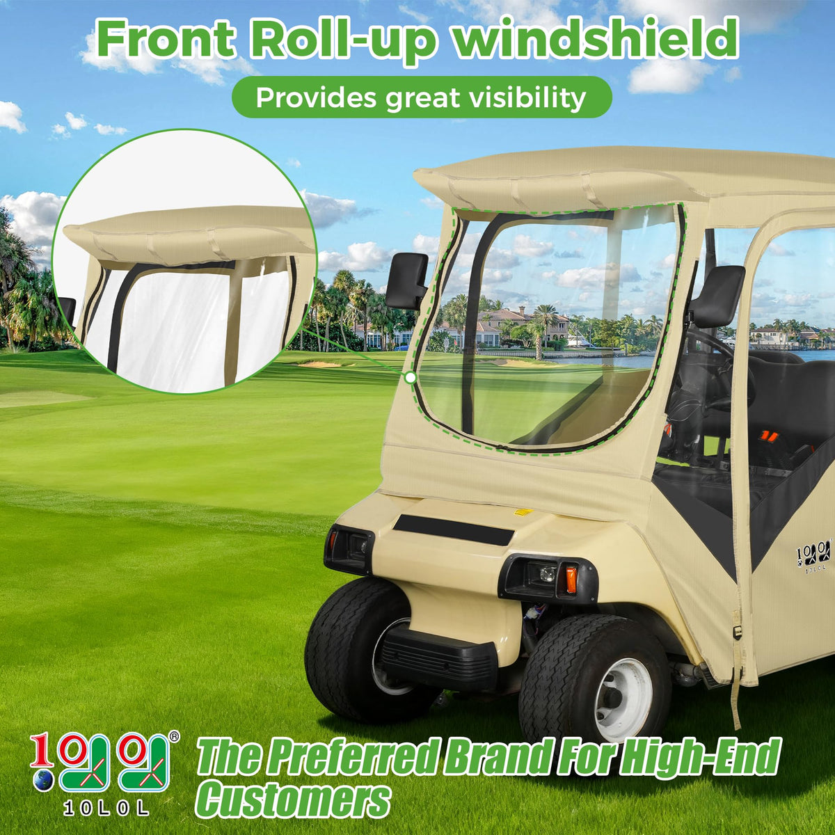 10L0L enclosure side view for Club Car DS shows mirror cutouts and wind protection benefits