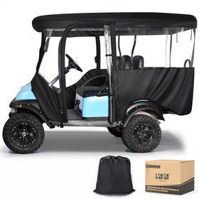 10L0L golf cart enclosure with extended roof protecting four passengers on Club Car Precedent