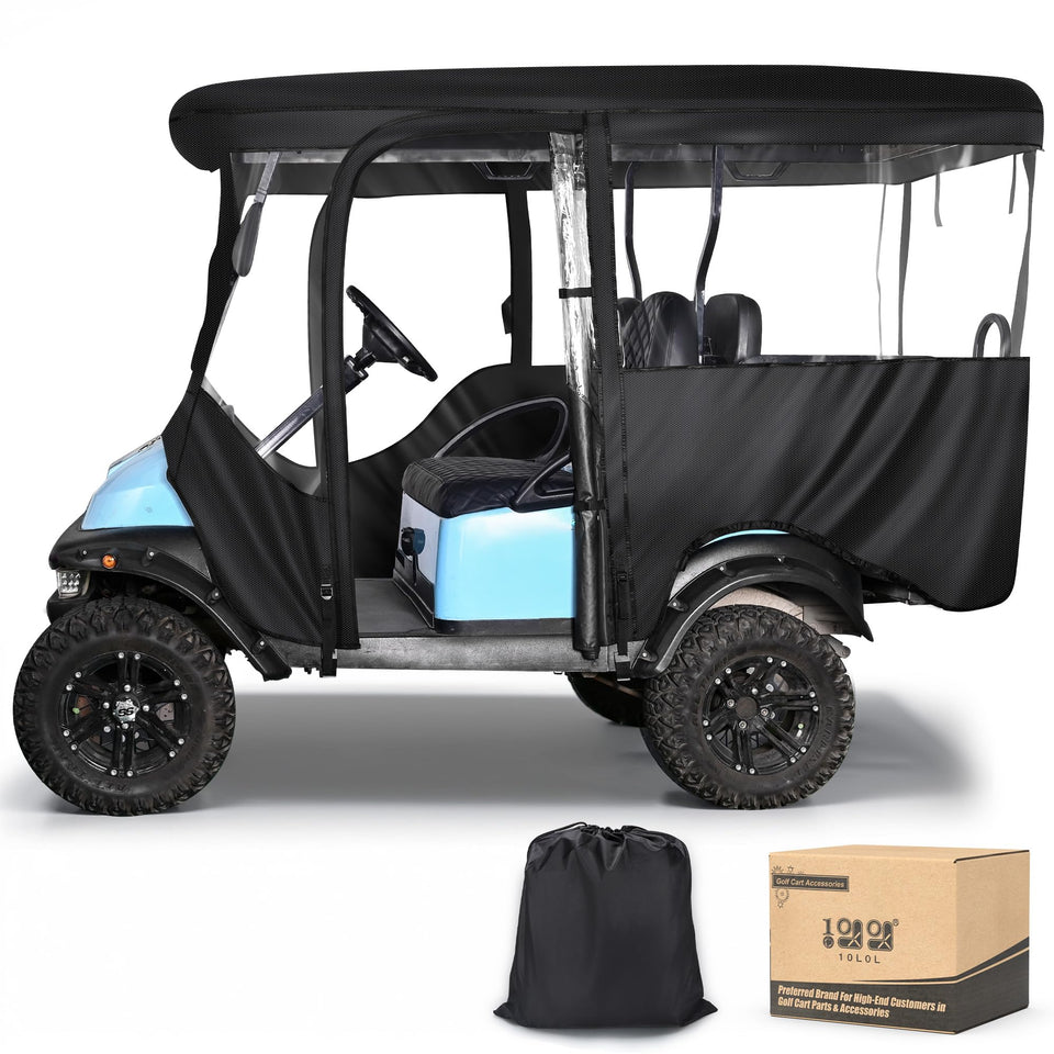 10L0L golf cart enclosure with extended roof protecting four passengers on Club Car Precedent