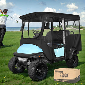 10L0L Golf Cart Enclosure extended roof view protects four passengers from rain.