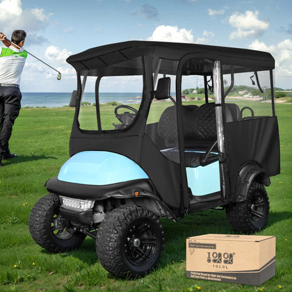 10L0L Golf Cart Enclosure extended roof view protects four passengers from rain.