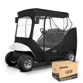 10L0L golf cart enclosure EZGO TXT front view shows rain protection and visibility