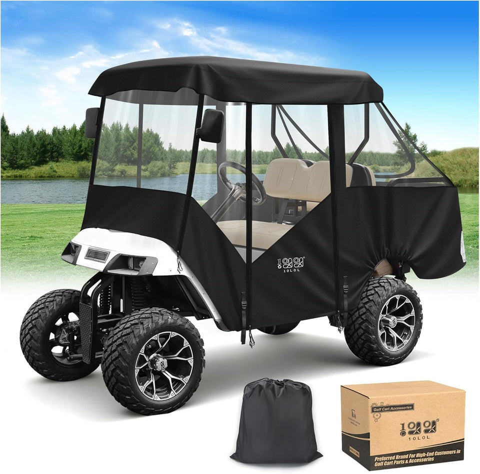 10L0L Golf Cart Enclosure for EZGO TXT front view with clear visibility and safety.