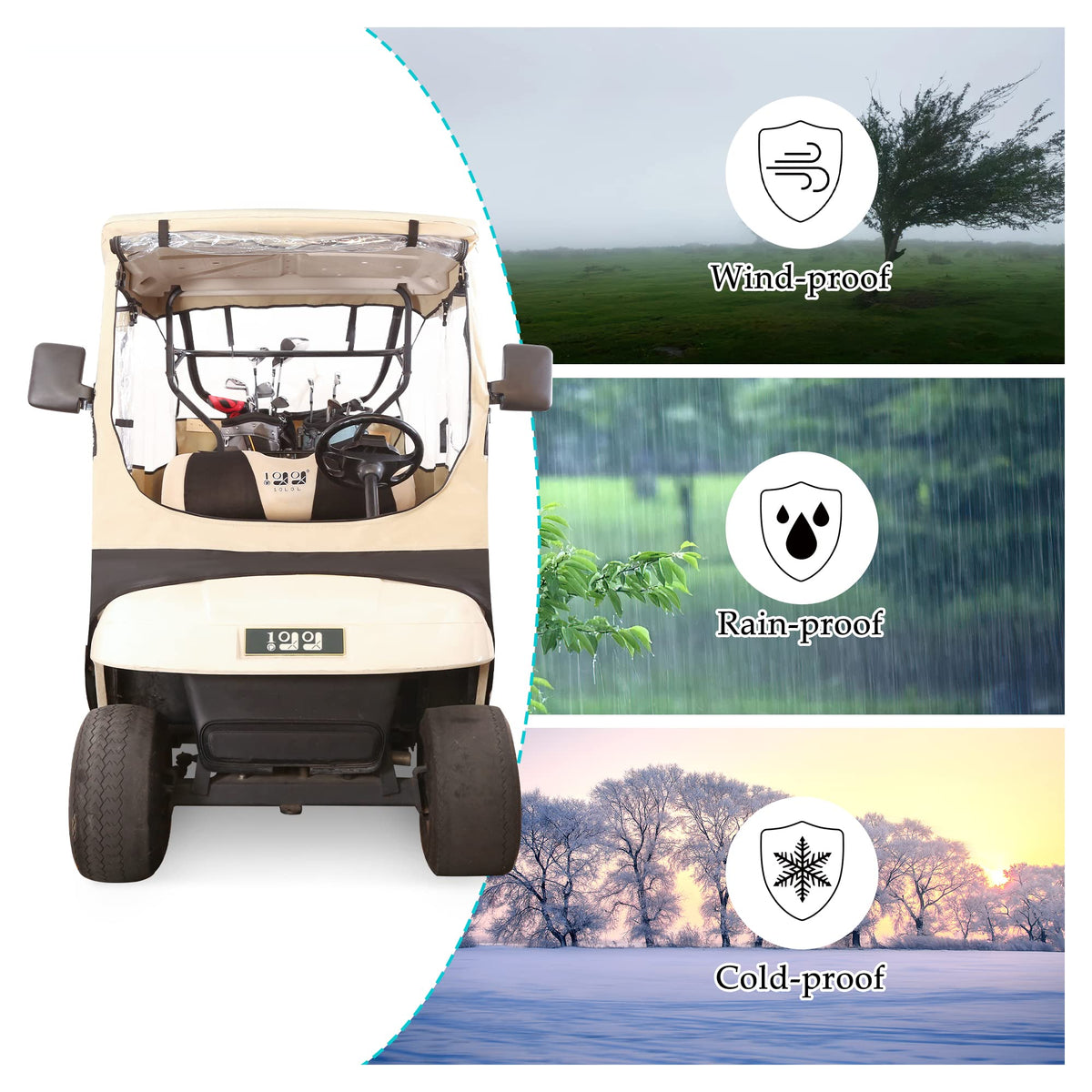 Beige finish of the 10L0L EZGO enclosure blends with cart styling
