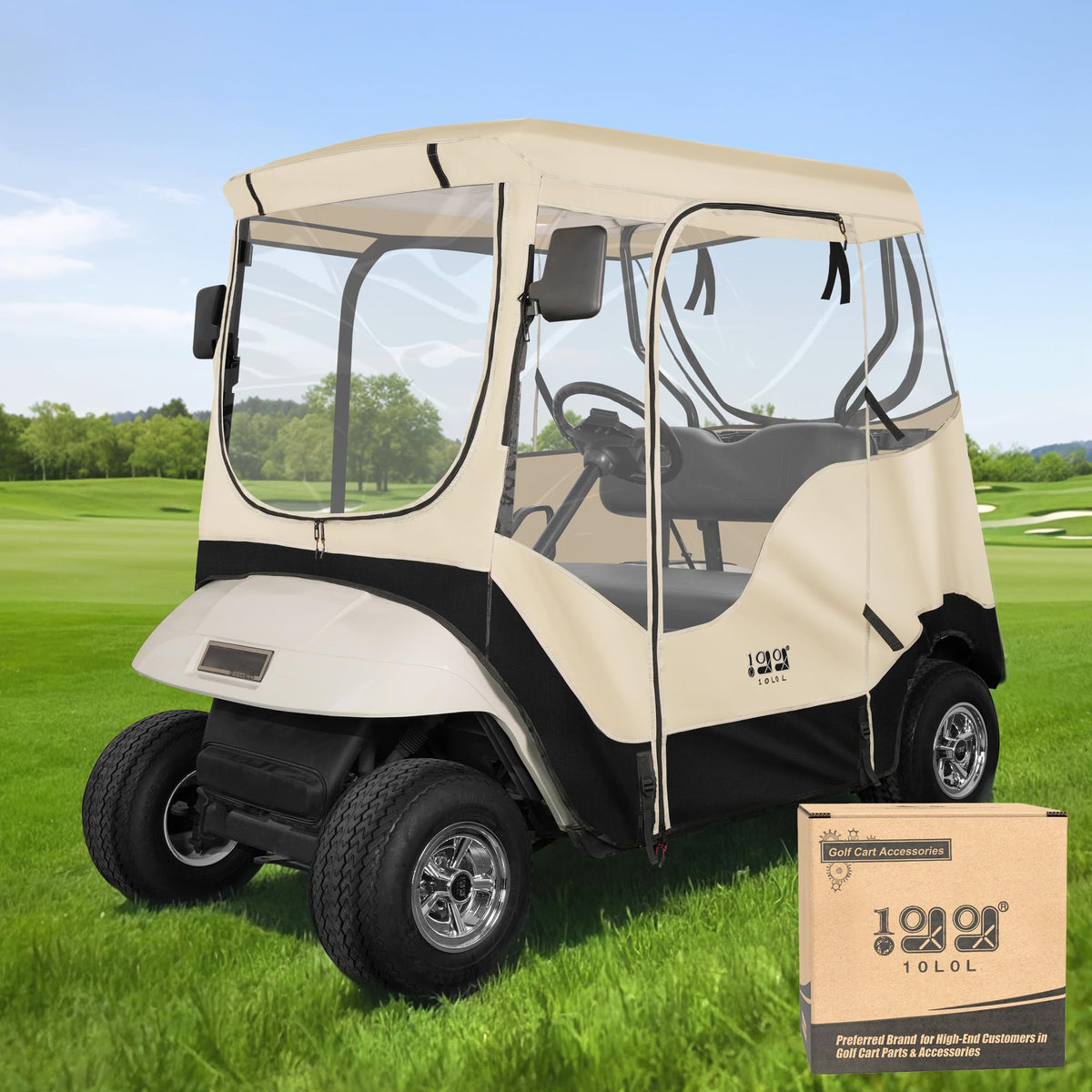 10L0L golf cart enclosure for EZGO TXT RXV – front view showing weather protection