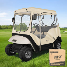 10L0L golf cart enclosure for EZGO TXT RXV – front view showing weather protection