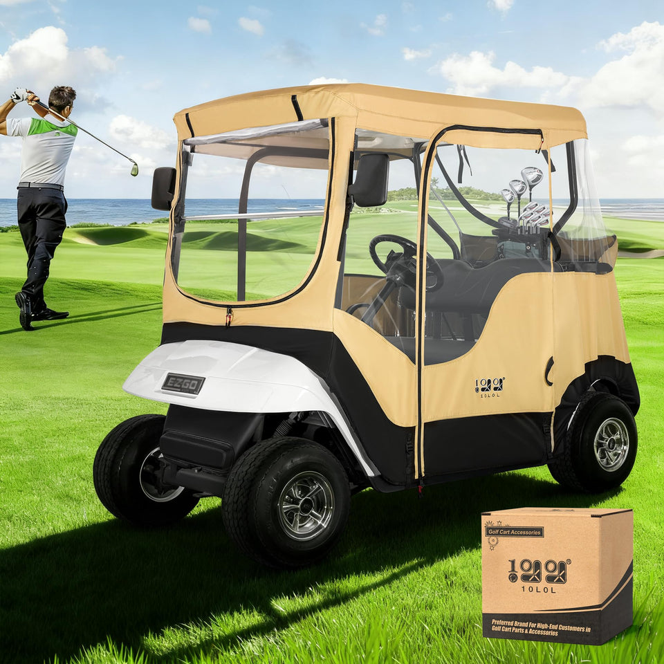 10L0L golf cart enclosure EZGO TXT RXV front view protects against rain and wind