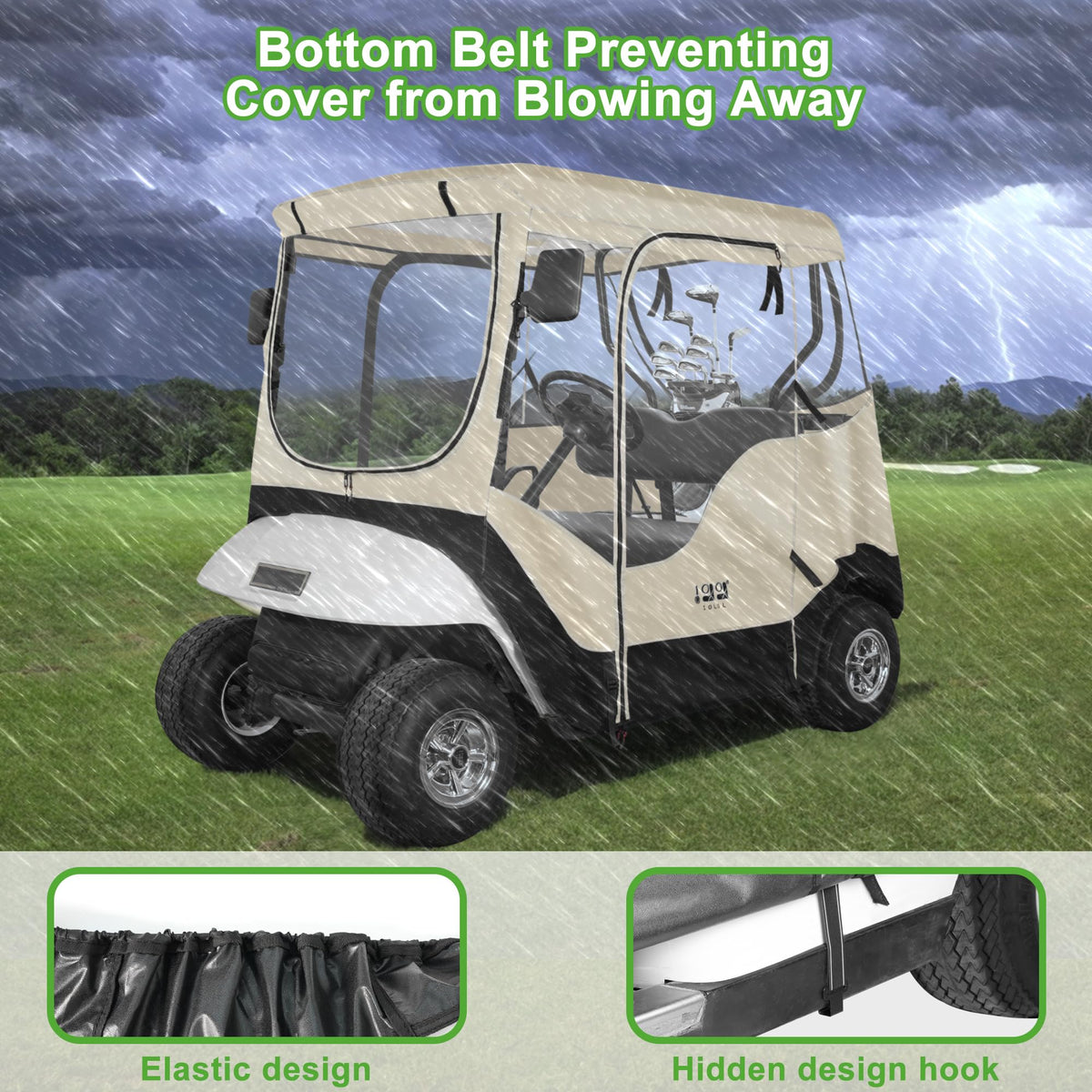 Waterproof material protecting EZGO TXT RXV in inclement weather