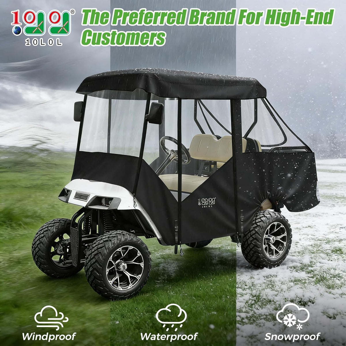 10L0L EZGO TXT enclosure side view with roll-up windows for breezy comfort.