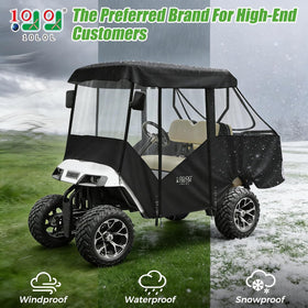 10L0L EZGO TXT enclosure side view with roll-up windows for breezy comfort.
