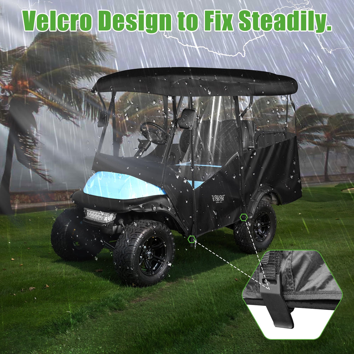 10L0L Golf Cart Enclosure fabric close-up shows 600D waterproof material