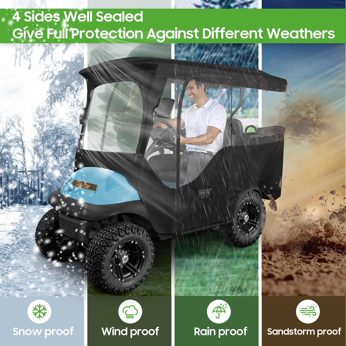 10L0L enclosure illustrating four-passenger setup on a golf cart