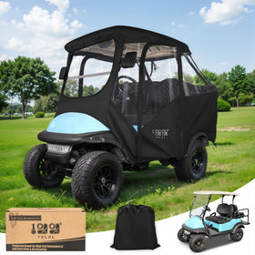 10L0L golf cart enclosure side-view four-passenger setup provides weather protection