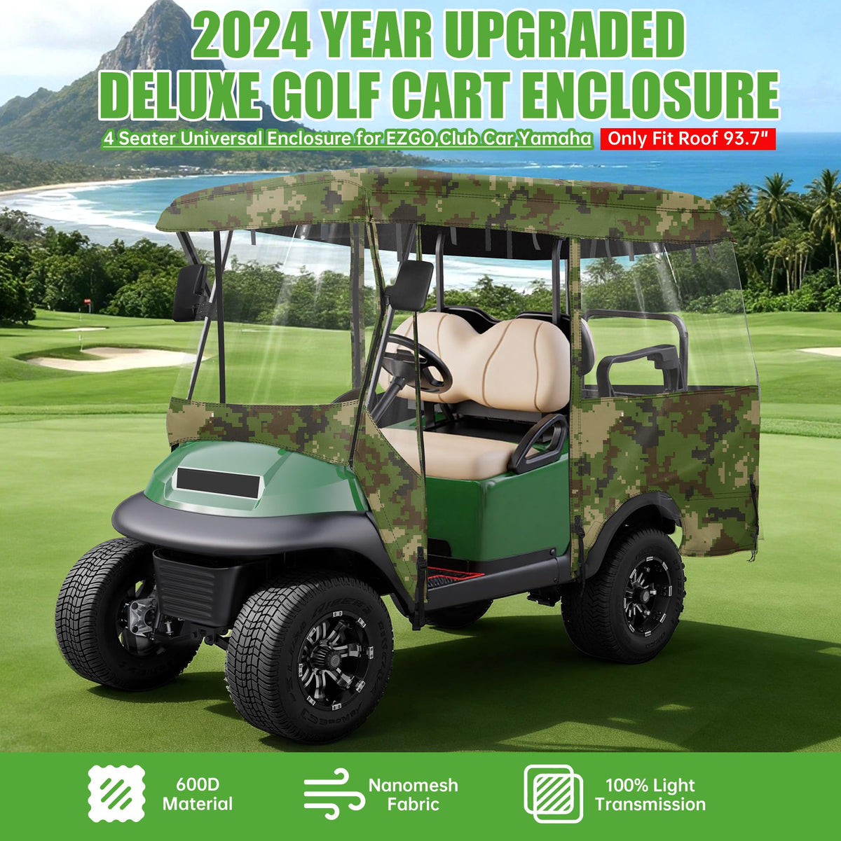 10L0L enclosure on a four-seat cart with clear windows for panoramic views