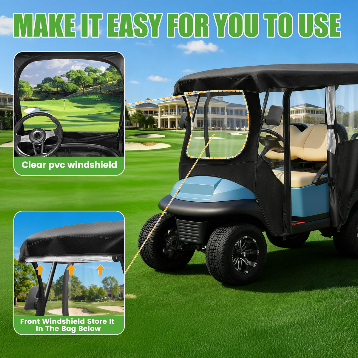 10L0L golf cart enclosure front and rear zippers enable easy access to storage