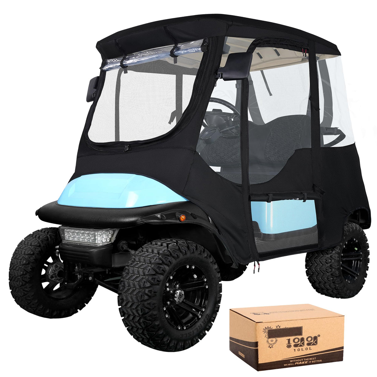 10L0L golf cart enclosure front view for Club Car Precedent, showcasing a tailored fit and protection.