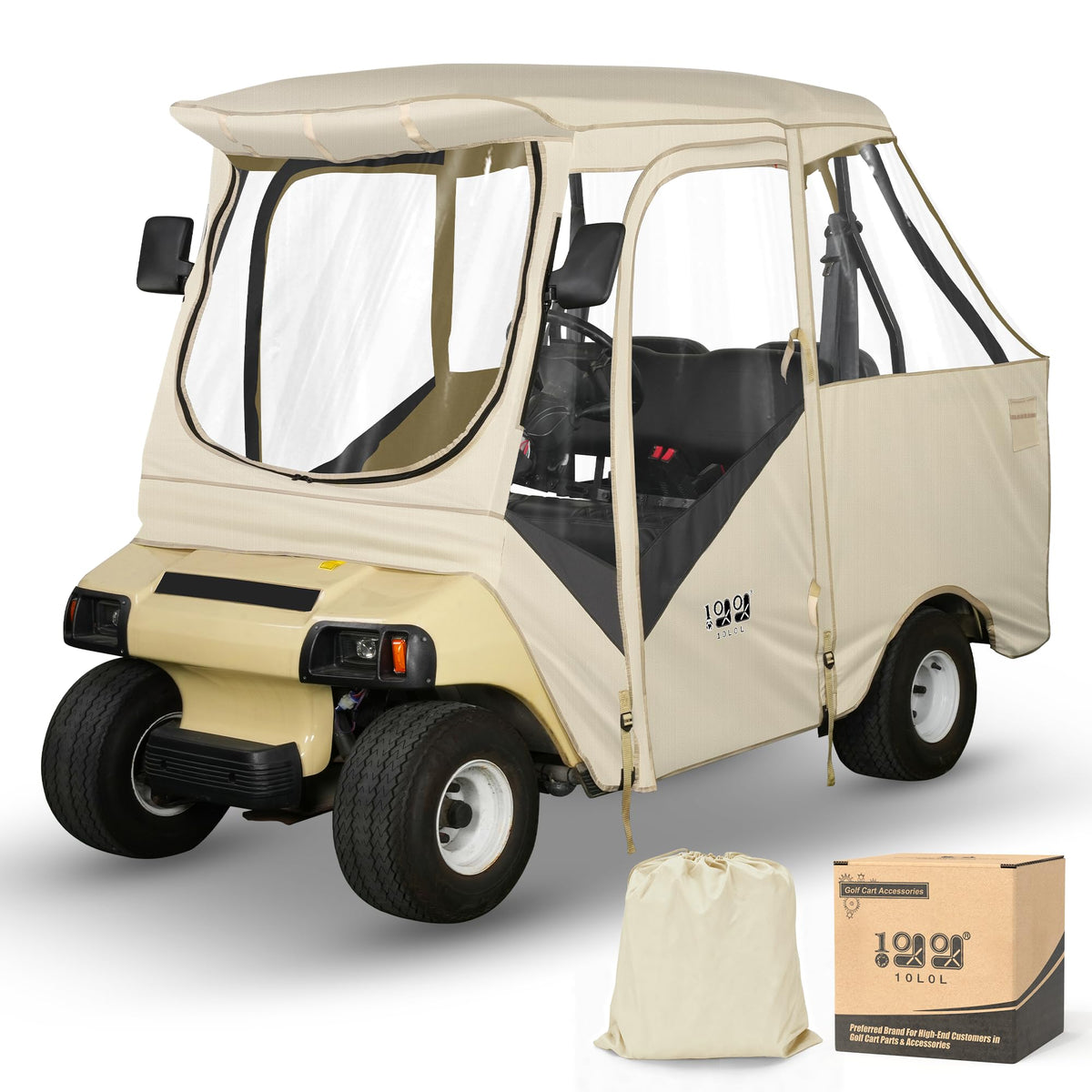10L0L Golf Cart Enclosure front view with clear visibility and weather protection.