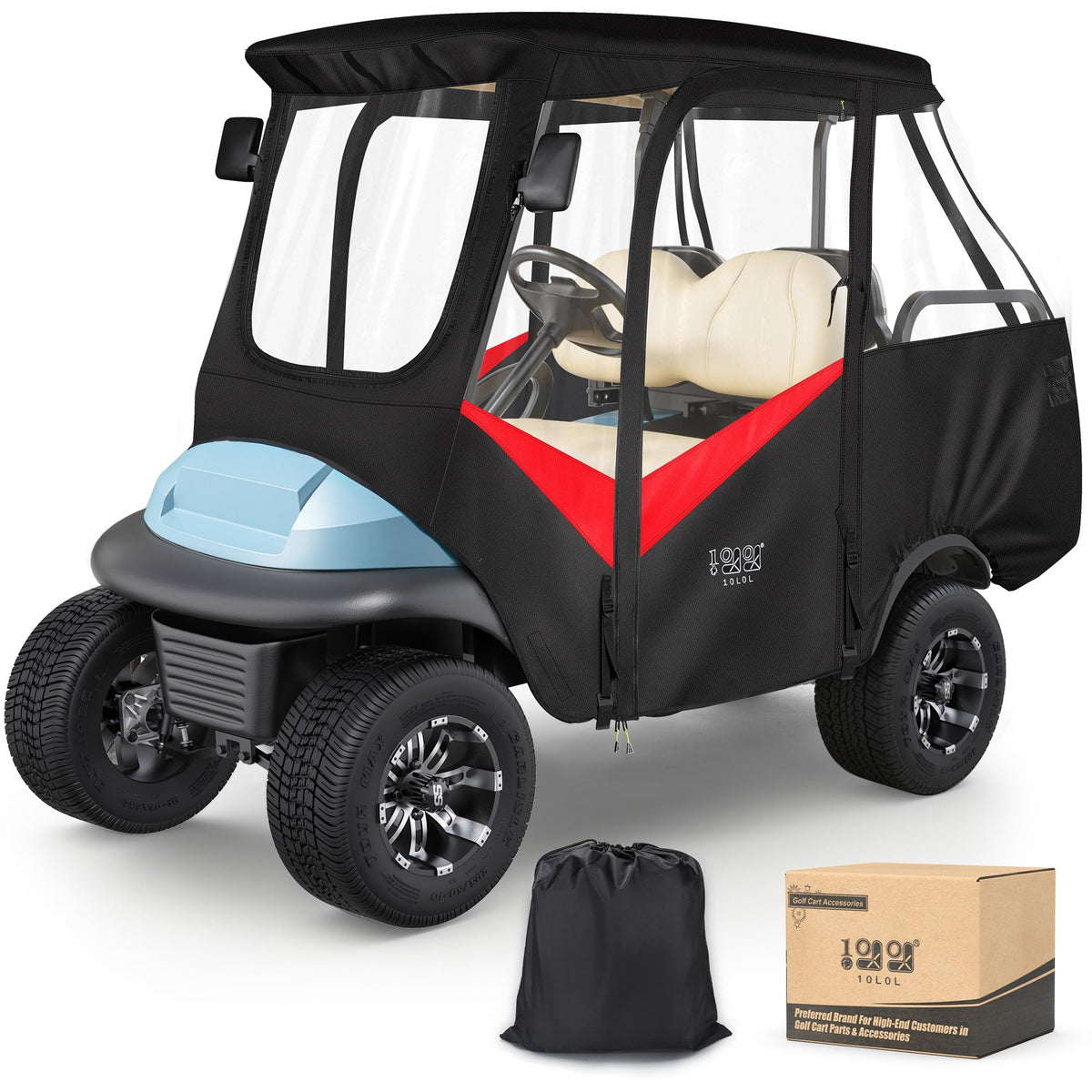 10L0L golf cart enclosure front view with clear windows in rain