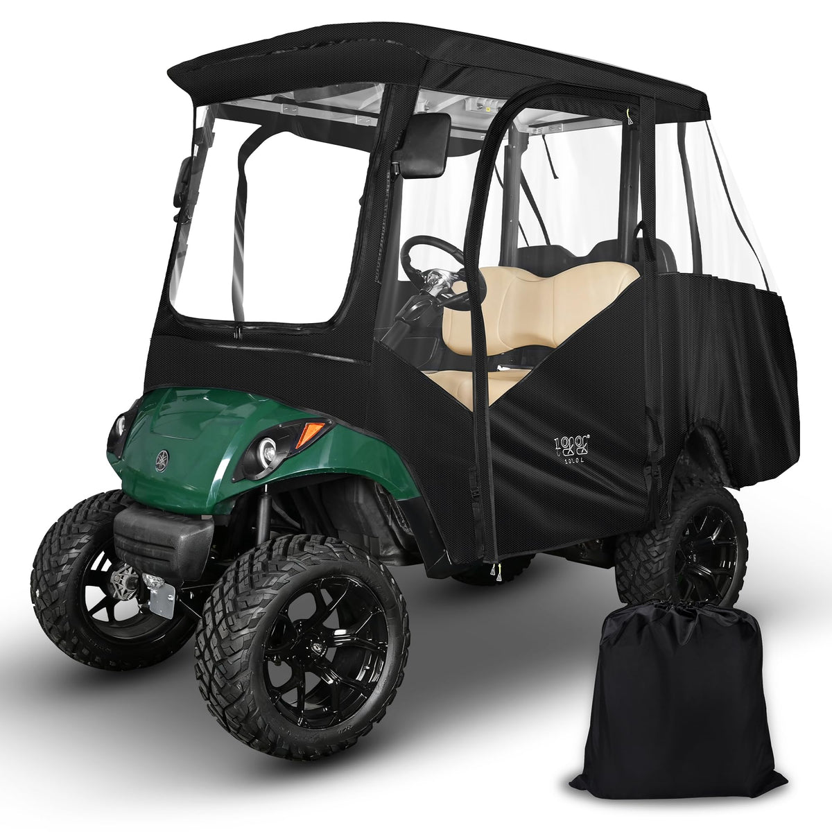 10L0L golf cart enclosure front view shows rain-ready coverage for Yamaha models