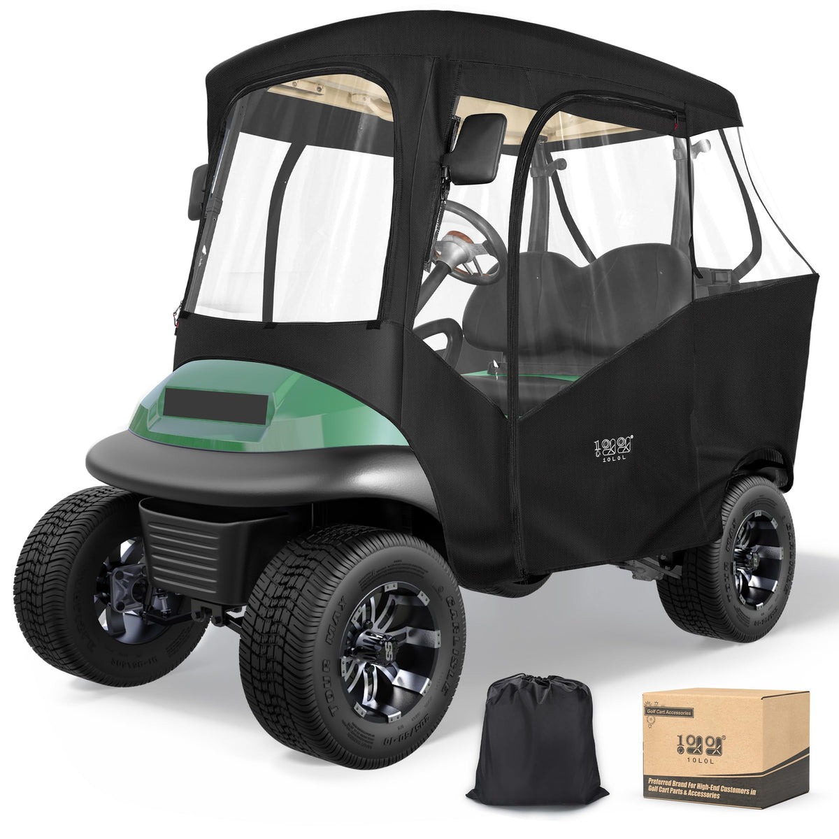 10L0L golf cart enclosure front view for Club Car DS highlights full coverage