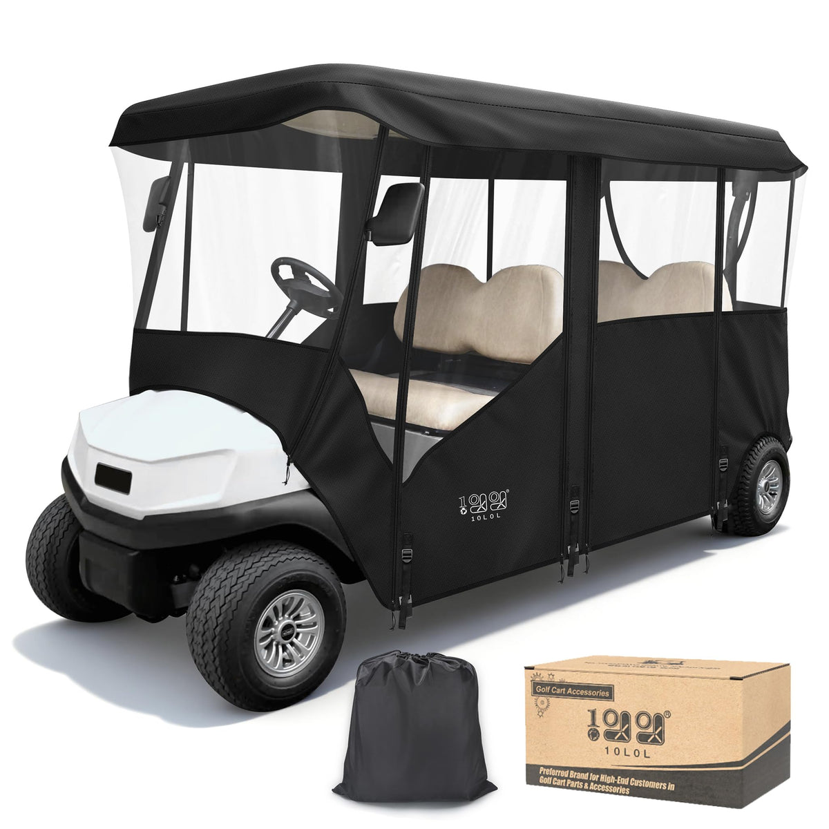 10L0L golf cart enclosure front view showing full visibility.