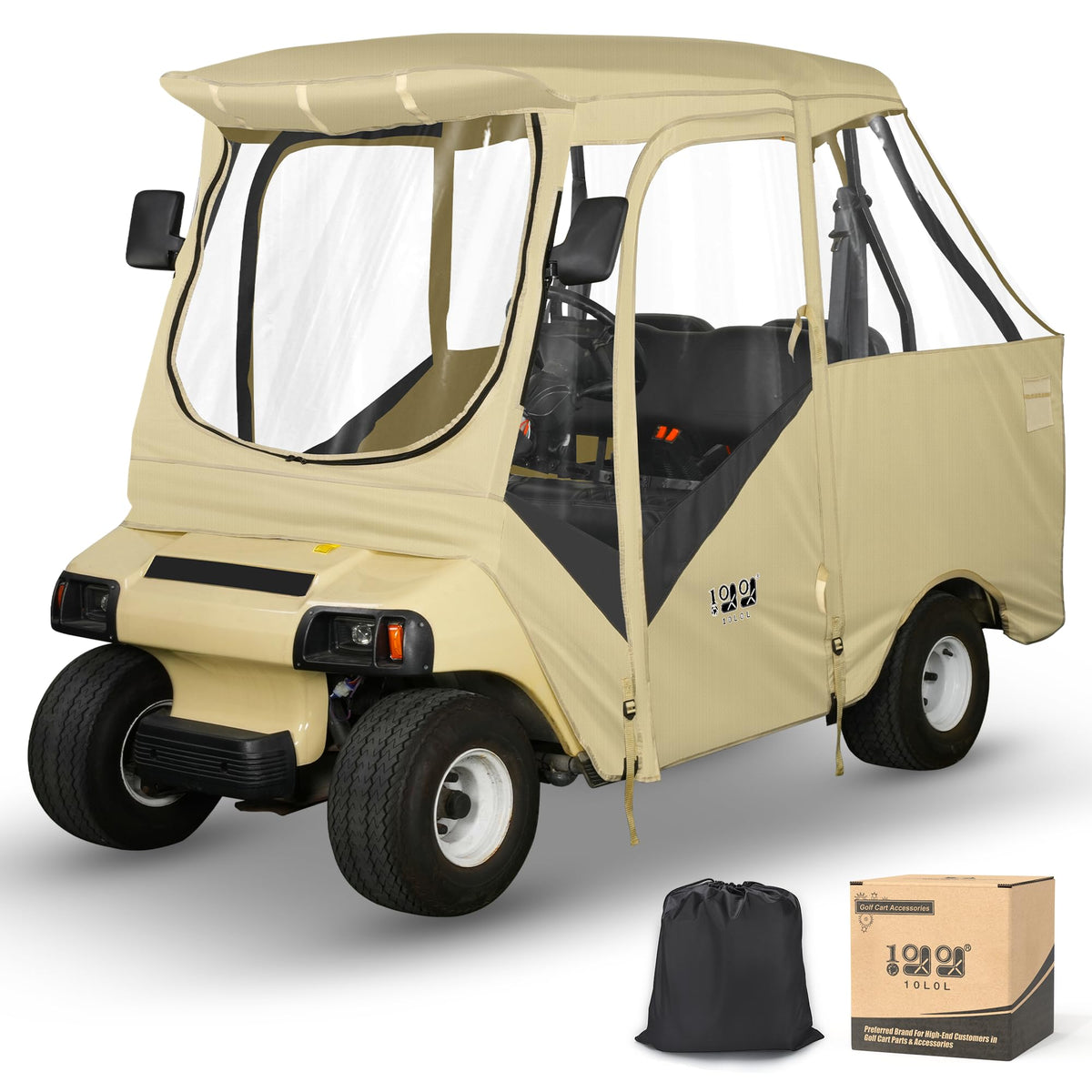 10L0L golf cart enclosure front view showing four-passenger fit and coverage