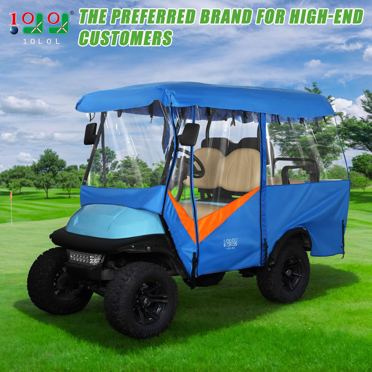 10L0L Golf Cart Enclosure front window highlights clear visibility for safer driving.