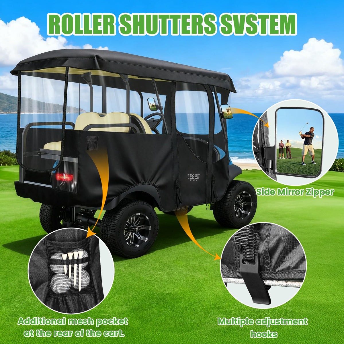 10L0L golf cart enclosure heavy-duty zippers and clips ensure secure fit