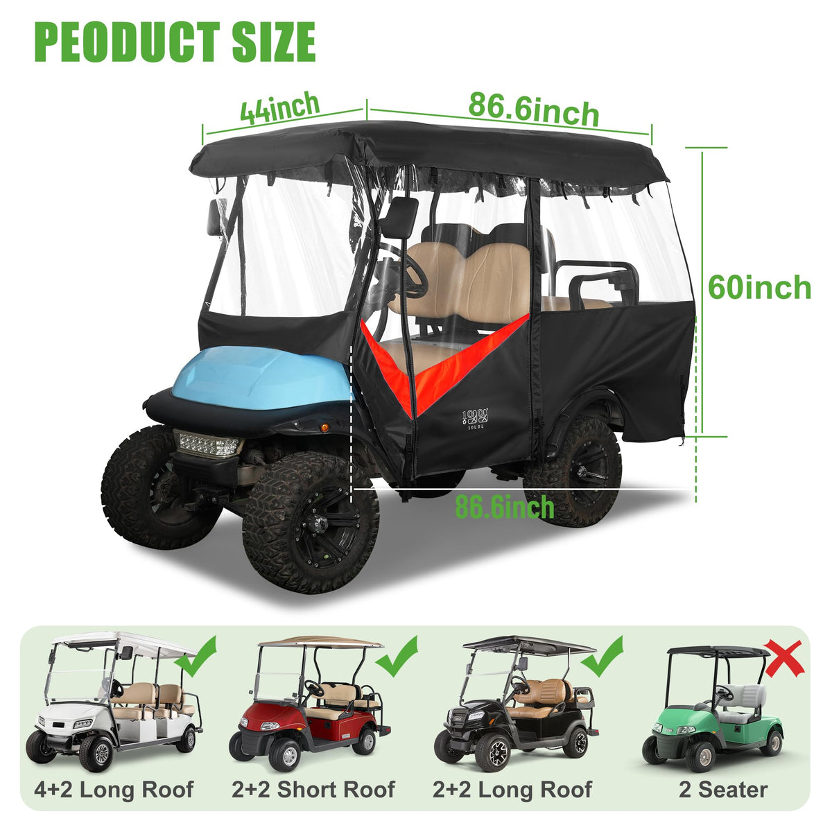 10L0L golf cart enclosure installed on cart for all-weather use