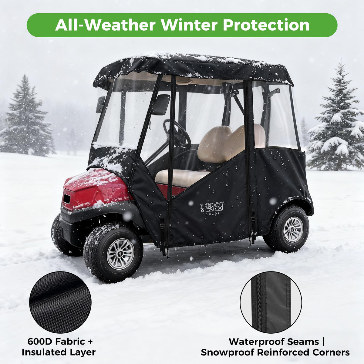 10L0L golf cart enclosure left-side view with roll-up window access