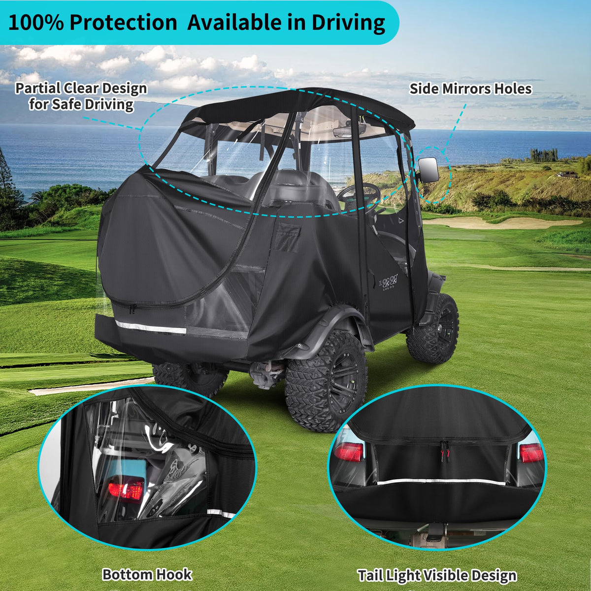 10L0L Golf Cart Enclosure mirror and rear-light holes preserve cart functionality