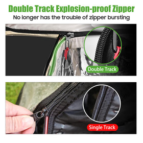 Roll-up doors with magnets enable quick entry while keeping weather out.