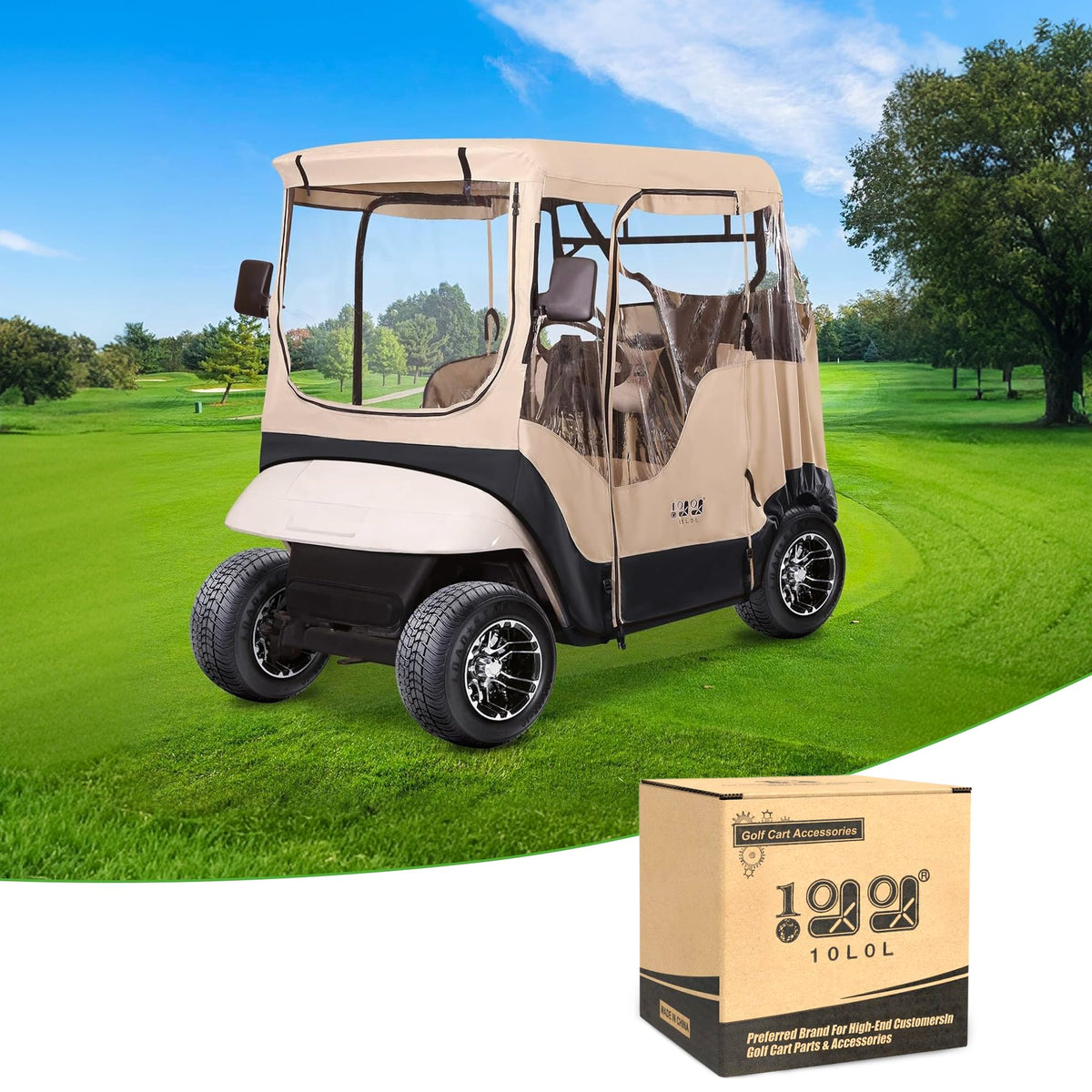 10L0L Golf Cart Enclosure on EZGO TXT with roof up to 58 inches, showing full coverage