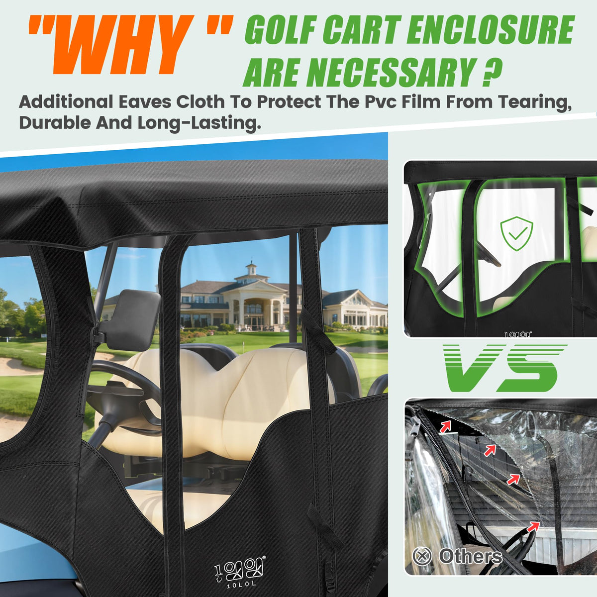 10L0L golf cart enclosure with side mirror openings for easy visibility