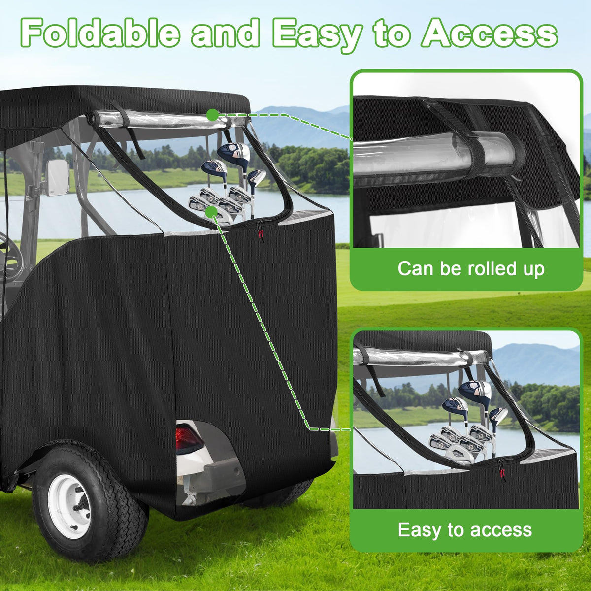 10L0L golf cart enclosure side panel rolled up for breathable warm-weather use